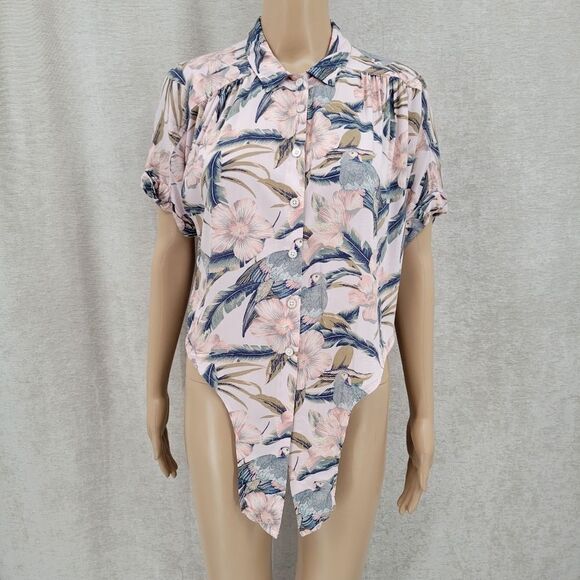 American Eagle Tie Front Tropical Button Down Blouse Cropped Women's Small - Picture 7 of 14